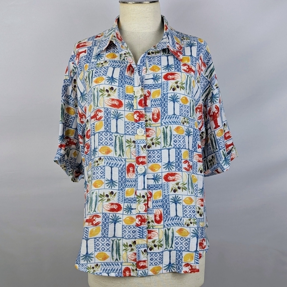 East Of June Shirt Coastal Lobster Shrimp Sardines Lemons Olives Palm Tree L NWT